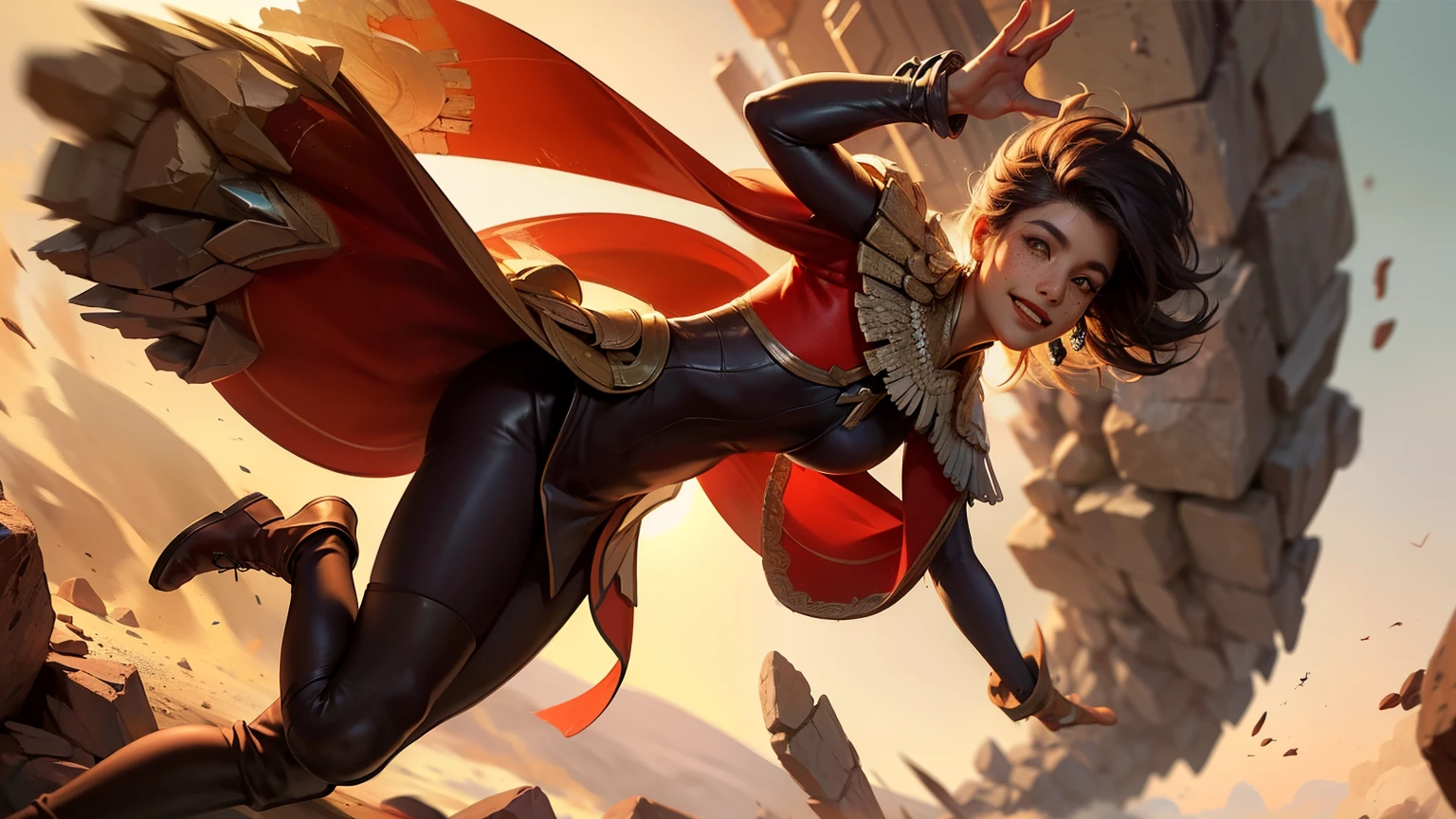 ((best quality)), ((masterpiece)), (detailed), Taliyah, stones in background, smiling, sun shining on her, yellow eyes, little tan, freckles, tight brown leggins, light brown knee high leather boots, closed mouth, ,teeth not visible, smiling