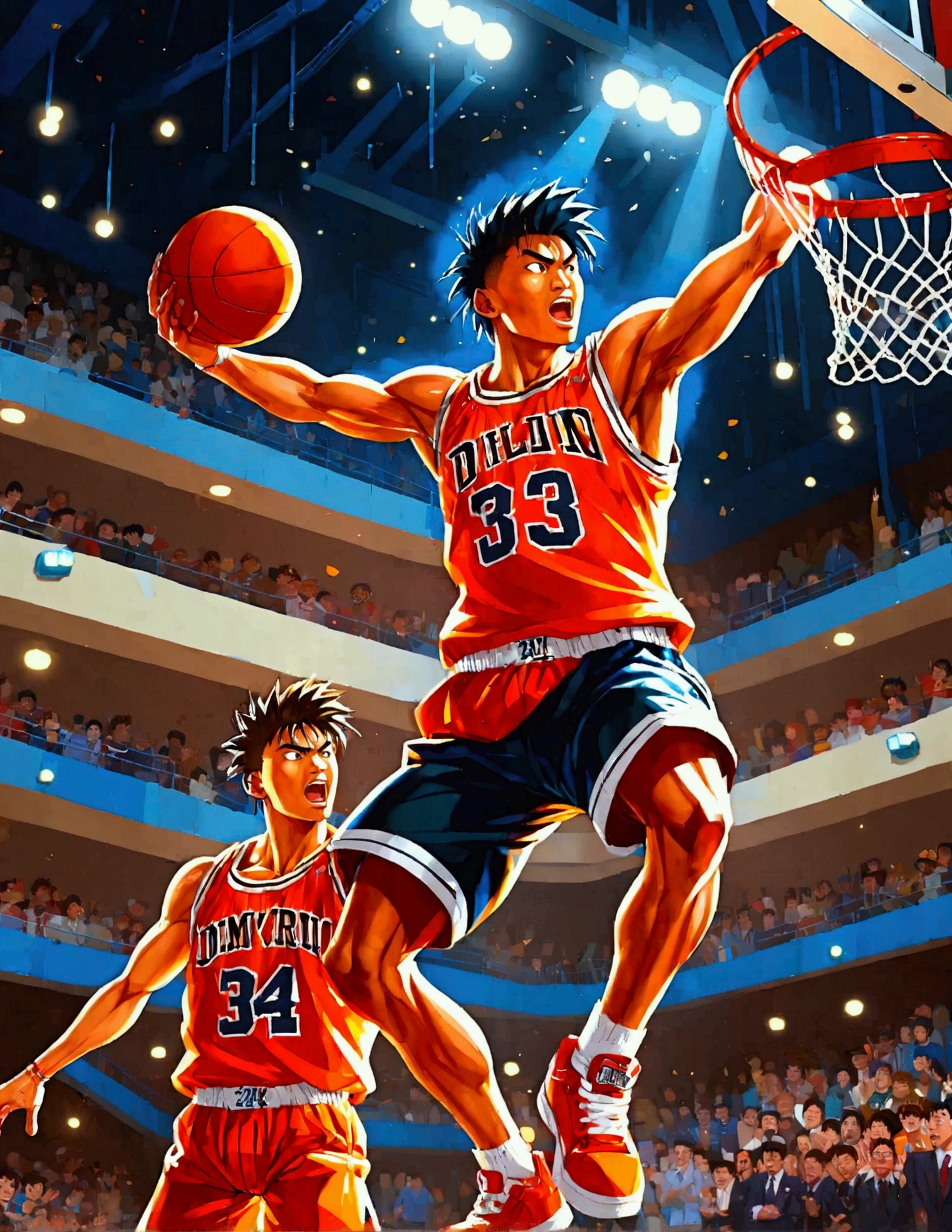 SLAM DUNK, Sakuragi Hanamichi, incredible dunk, big slam dunk moment, extremely detailed action pose, intense expression, focused eyes, sweat flying, basketball court background, crowd cheering, highly dynamic, sharp focus, vivid colors, studio lighting, dramatic lighting, nostalgic color palette, high contrast, physically-based rendering, ultra-fine painting, motion blur, anime style, UHD, masterpiece, accurate, anatomically correct, textured skin, best quality