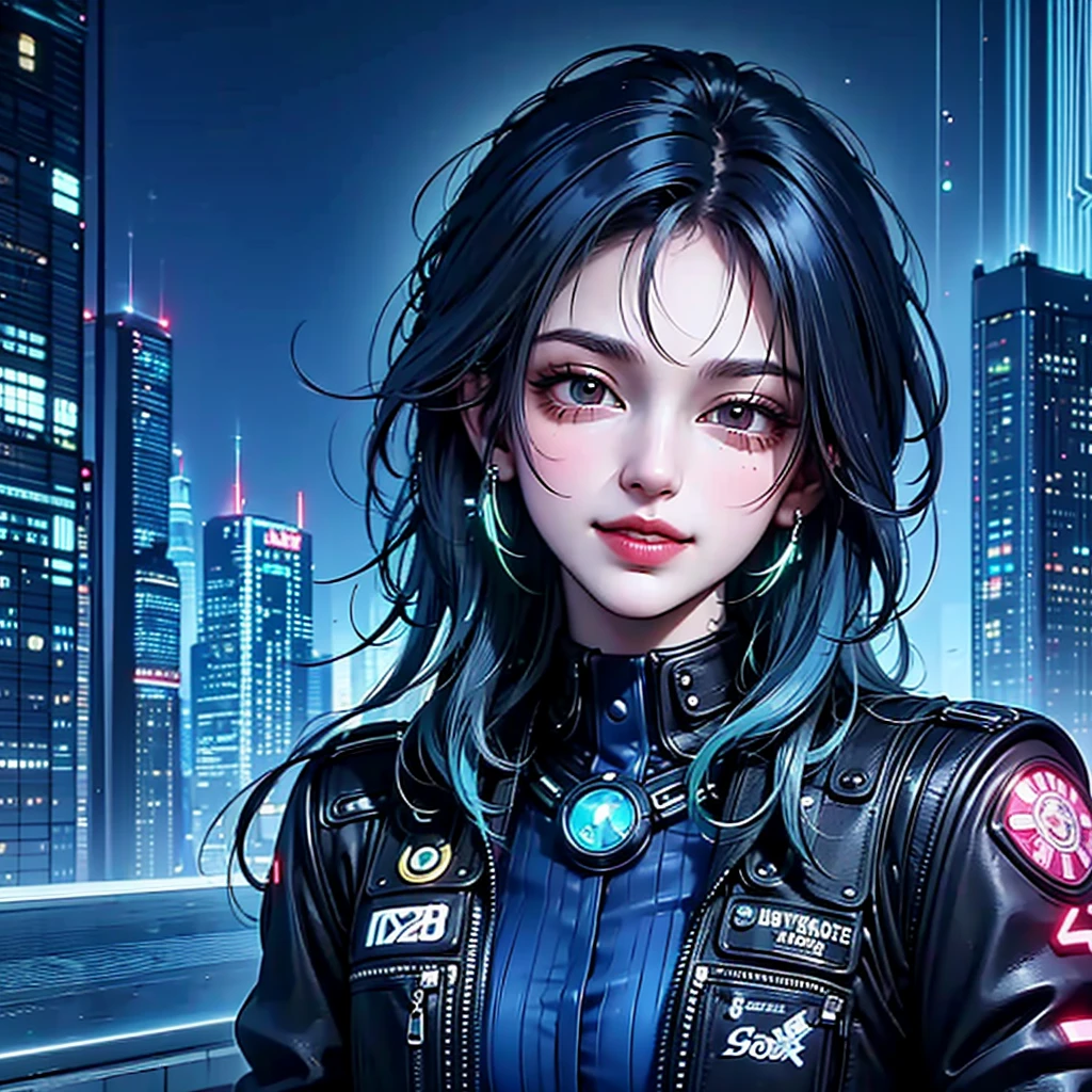 there is a woman with blue hair and a jacket, hyper-realistic cyberpunk style, realistic art style, Retrato ciberpunk, 🤤 portrait of , cyberpunk artstyle, cyberpunk anime digital art, Retrato de RossDraws, garota cyberpunk sonhadora, the cyberpunk portrait of , portrait of cg society, cyberpunk style ， hyper realist, realism art style, photorealistic art style, rossdraws pastel vibrante, smiling, 80s comic style image