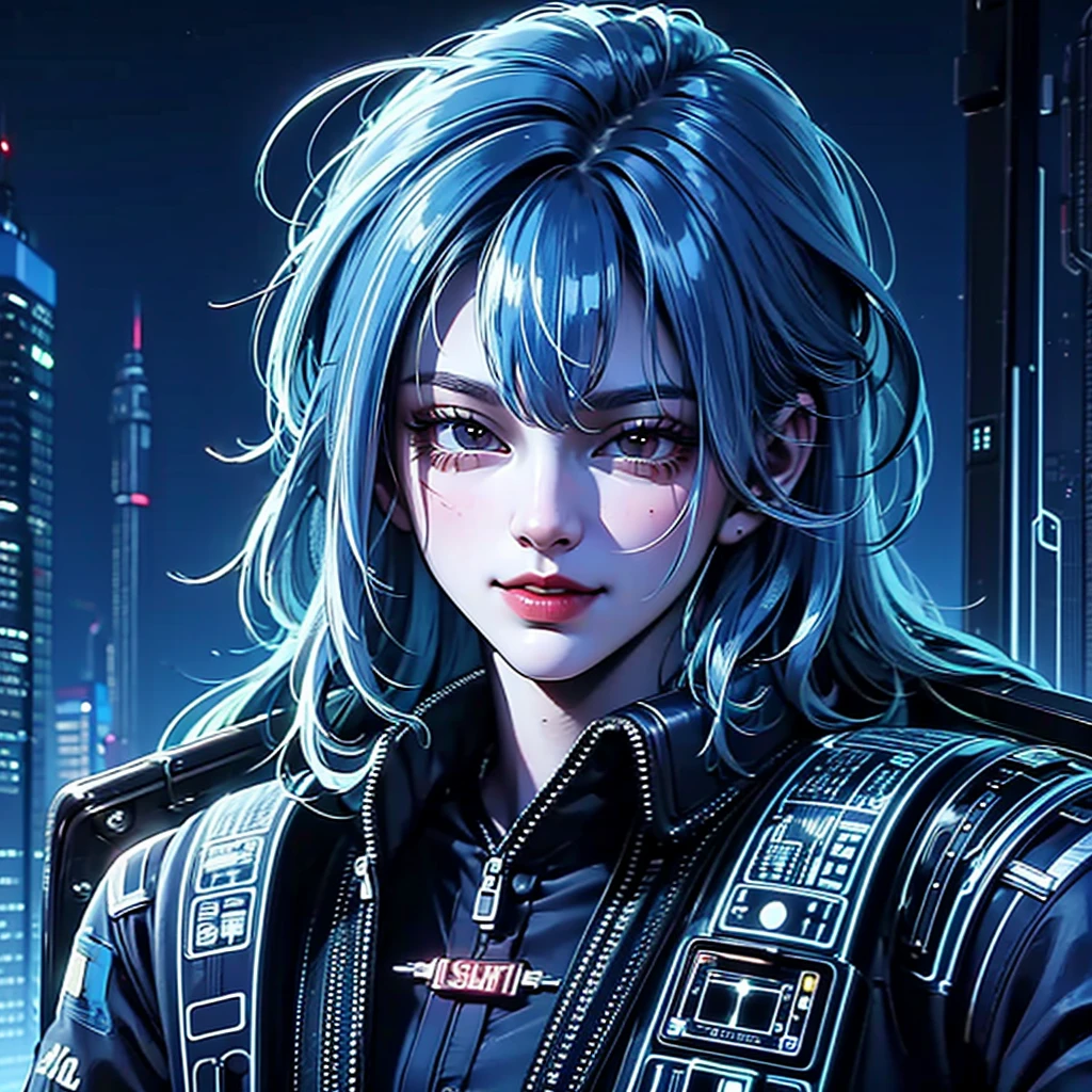 there is a woman with blue hair and a jacket, hyper-realistic cyberpunk style, realistic art style, Retrato ciberpunk, 🤤 portrait of , cyberpunk artstyle, cyberpunk anime digital art, Retrato de RossDraws, garota cyberpunk sonhadora, the cyberpunk portrait of , portrait of cg society, cyberpunk style ， hyper realist, realism art style, photorealistic art style, rossdraws pastel vibrante, smiling, 80s comic style image