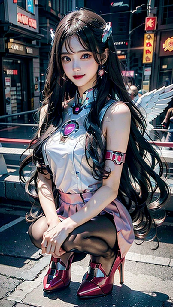 Beautiful Iron Man，Angelic countenance，Full body portrait，the long flowing blue hair，big eyes，Flashing pupils，shy，Blush，Smile，Delicate depiction of the face，Wearing a pink skirt with Black pantyhose，Wearing high heels，Cyberpunk，Night，Hyperrealism，Neon Street，Ray Tracing，masterpiece，Pixel Perfect，make a fist，Delicate hand engraving，Light and Shadow，Sweat，Finely drawn Model: Day Man 2, Hires upscale: 1.5

