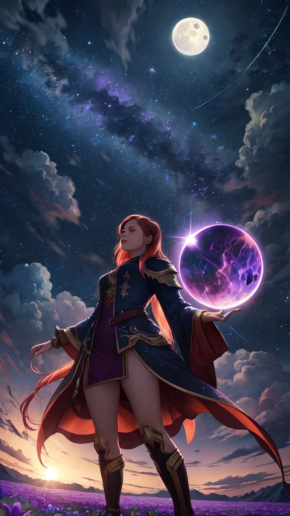 expansive landscape photograph , (a view from below that shows sky above and open field below), a girl standing on flower field looking up, (full moon:1.2), ( shooting stars:0.9), (nebula:1.3), distant mountain, tree BREAK
production art, (warm light source:1.2), (Firefly:1.2), lamp, lot of purple and orange, intricate details, volumetric lighting, realism BREAK
(masterpiece:1.2), (best quality), 4k, ultra-detailed, (dynamic composition:1.4), highly detailed, colorful details,( iridescent colors:1.2), (glowing lighting, atmospheric lighting), dreamy, magical, (solo:1.2)