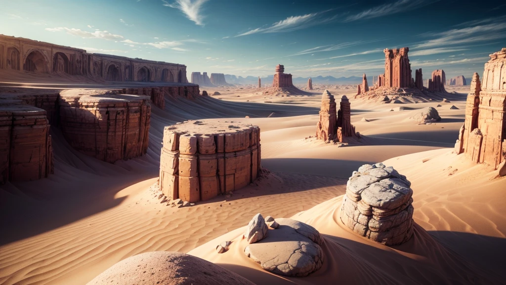 desertscape, few trees, big rocks, distant stone tower, atmospheric, 8K DETAILS, high resolution, great levels of detail