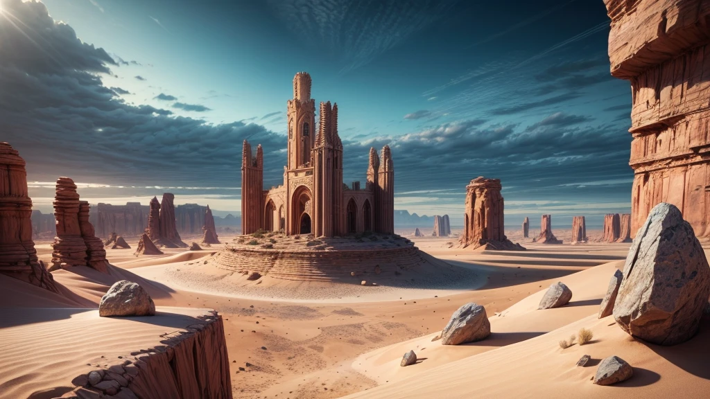 desertscape, few trees, big rocks, distant stone tower, atmospheric, 8K DETAILS, high resolution, great levels of detail