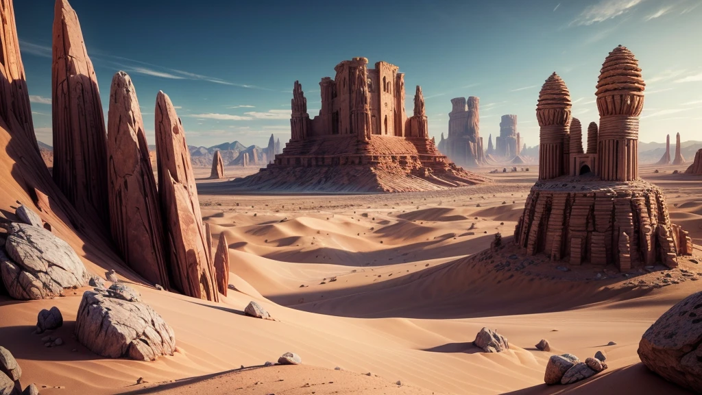 desertscape, few trees, big rocks, distant stone tower, atmospheric, 8K DETAILS, high resolution, great levels of detail