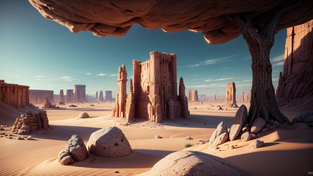 desertscape, few trees, big rocks, distant stone tower, atmospheric, 8K DETAILS, high resolution, great levels of detail