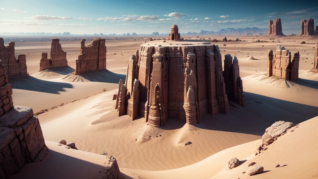 desertscape, few trees, big rocks, distant stone tower, atmospheric, 8K DETAILS, high resolution, great levels of detail