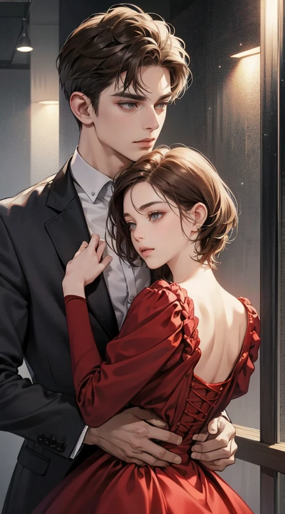 masterpiece, best quality, realistic, 1man,1woman, mature male, quiet and charming young man, 25 years old, close his eyes, serious look, extremely detailed face, ((dark grey eyes)), ((short-right-swept dark brown hair)), [thick eyebrows], detective, plain background, ((suit)), cinematic lighting, looking at the woman, posture dynamics, woman brown hair, red dress.