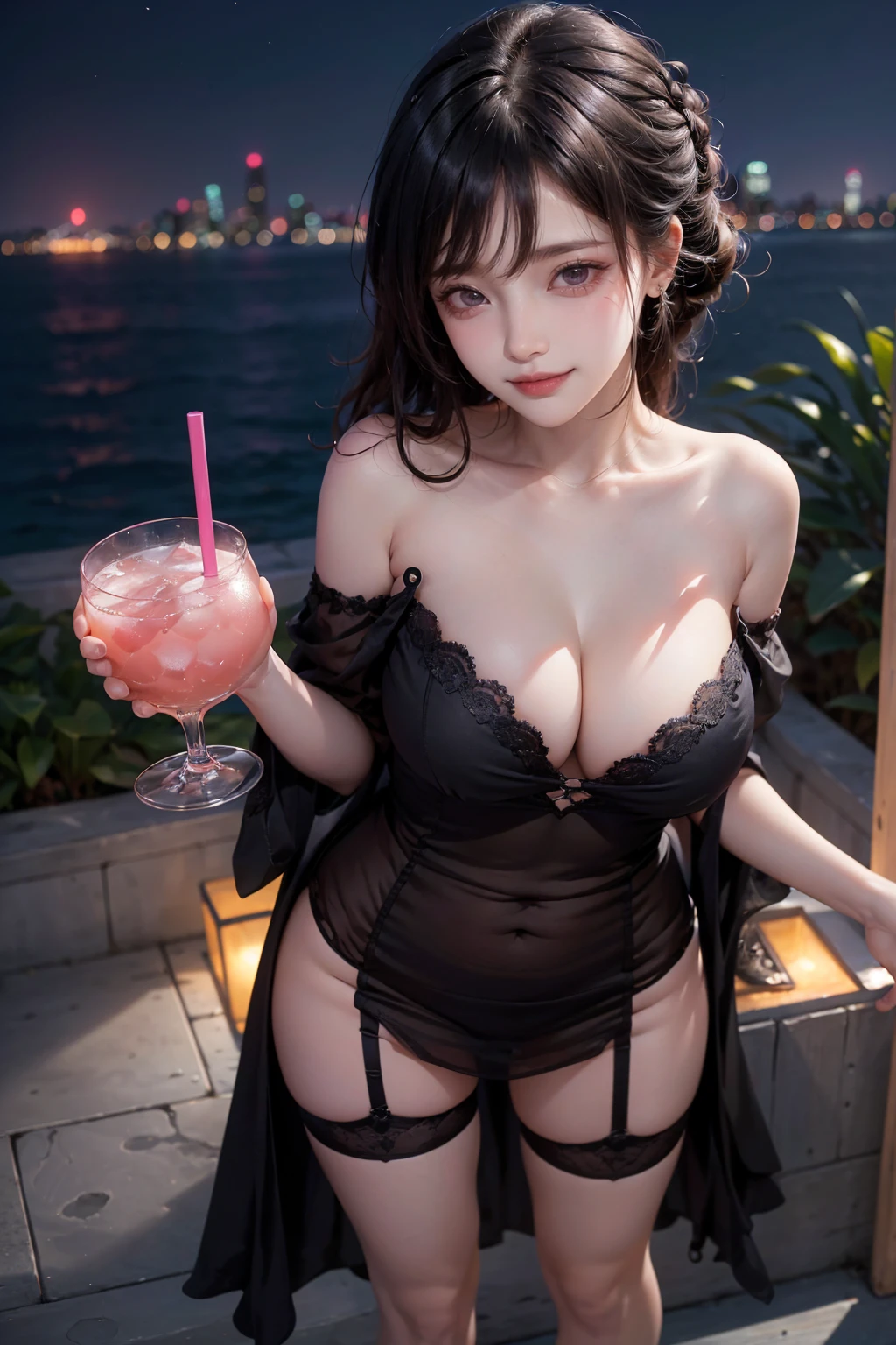((16K)),(masterpiece:1.3, Highest quality, Ultra-high resolution, Super detailed), (Realistic, photoRealistic:1.4), Perfect lighting, colorful, Depth of written boundary, Browsing Caution, Surrealism,Face Light,Beautiful detailed hair,((Beautiful eyelashes)), Beautifully detailed face, Beautiful fine details, Beautiful clavicle, Beautiful body, thin脚,Beautiful breasts, Beautiful feet, Beautiful Hands, Cleavage,Pointed Chest, thin, 1 girl,21 years old, Perfect Face, Long eyelashes,Perfect Anatomy, Supermodel with a long neck,((Skinny1.3)),looking at the camera,(Perfect Anatomy,Anatomically correct, Highly detailed skin), Shiny skin,((beautiful girl:1.1)),(( large breasts:1.4))(Mid-length hair:1.4, Wavy Hair:1.2, Black Hair) ,hair over one eye,Dainty facial structure,((Cute smile:1.3)),((wearing(black&pink) Off-the-shoulder sheer nightie with matching garter belt ,from above,Generate an image of a beautiful woman standing on a balcony at night, drinking a cocktail. standing on one leg,The background features a stunning night skyline with city lights and a serene atmosphere. The woman enjoying her drink while taking in the view,