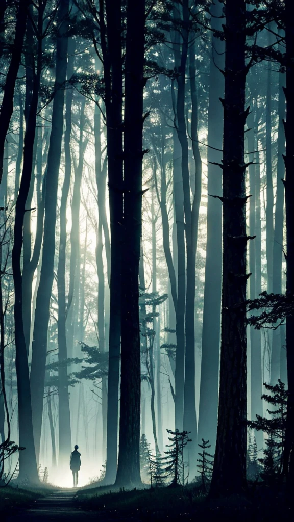 Prompt: "A dark, eerie forest at dusk, known as the Whispering Woods. The trees are tall and dense, with shadows stretching across the forest floor. The atmosphere is ominous, and a faint mist rises from the ground. In the distance, the trees seem to whisper secrets to each other."
