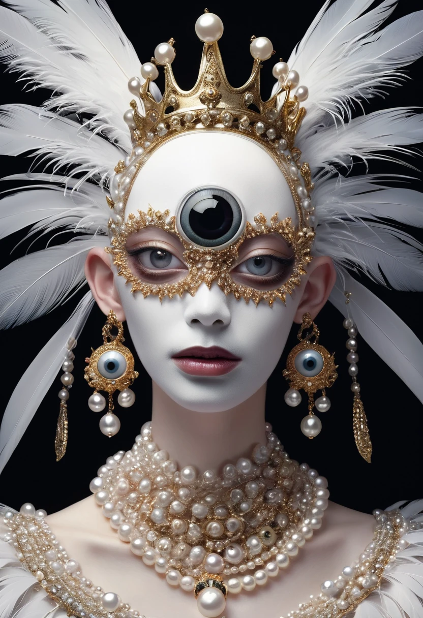 (masterpiece, best quality:1.2),Grotesque Aesthetics:1.56, Ugly faceless person,There are many eyeballs growing on the skin of the face,teeth, Solitary,black background,crown,veil,hand,Pearl Necklace,Feather wings