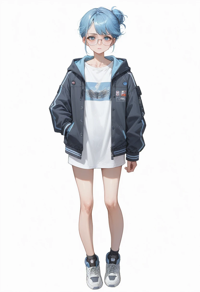 anime girl with blue hair and glasses in a white shirt and black jacket, guweiz, artwork in the style of guweiz, she is wearing streetwear, ross tran style, kantai collection style, street clothes, full body illustration, full body portrait of a short!, anime full body illustration, clothing concept, clear outfit design, cyberpunk anime girl in hoodie