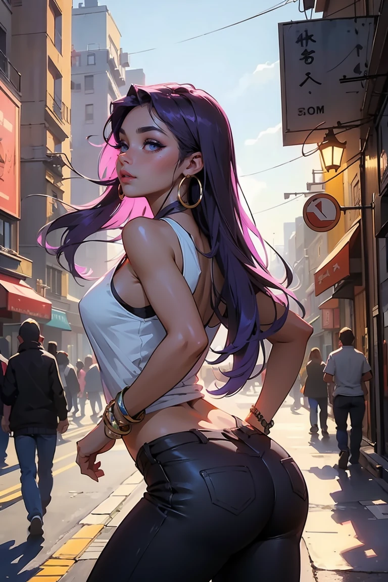Goddess ((goddess-like woman)), slim elegant silhouette, masterpiece, (close angle), best quality, dark skin, sweet face, (masterpiece:1,2, best quality), (real picture, intricate details), (1 lady , solo, medium tits, slim waistline, ), (blue eyes, Purple hair, blonde strips, very long hair), a woman with long hair, she has an impressive presence., long hair, bracelet, hoop earrings, jewelry, beautiful face, beautiful eyes, She is wearing a white simple tank top and hip pants, simple Tanktop, beautiful back, back view, upperbody view, sweet irresistible smile, elegant pose, elegant hands, beautiful hands, perfect fingers,, background: She is standing in a Big city, busy city, dance club, outside, blue sky,