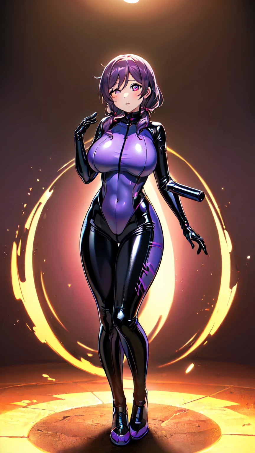 female villain, dark latex outfit with pruple elements, sexy clothes, big ass,extremely big breasts, evil expression, dangerous environment, purple hair with sidelocks, pink glowing eyes, mask