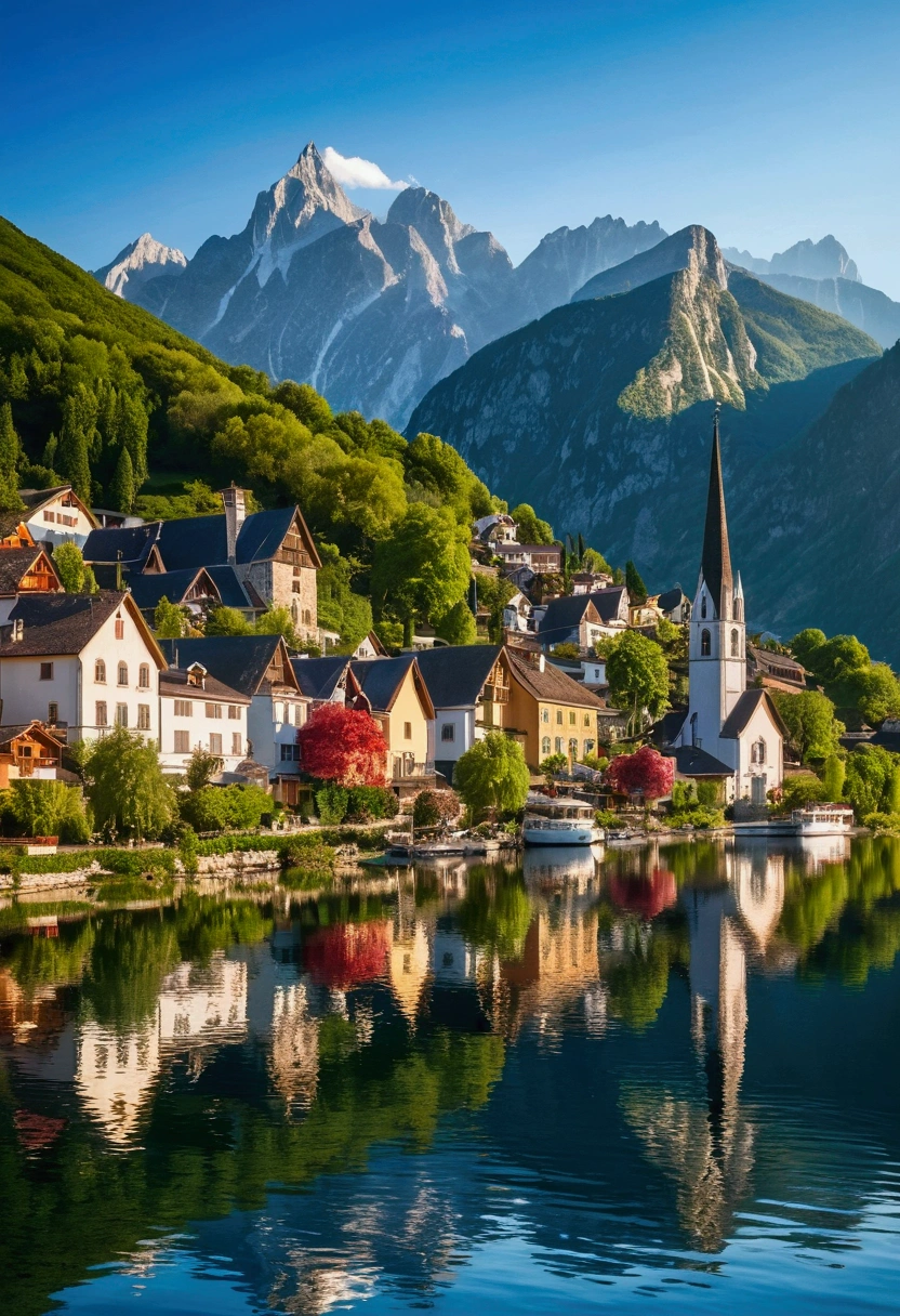 A picturesque lakeside village with traditional European architecture, surrounded by majestic mountains under a clear blue sky. A calm lake reflects the beautiful village, with a white boat sailing across. The village features a prominent church with a tall spire, colorful houses with wooden balconies, and lush greenery. The morning sunlight casts a warm glow on the scene, highlighting the natural beauty and tranquility of the area.