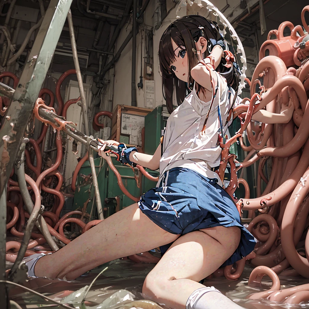 Girl captured by tentacles in abandoned factory Tentacles in a skirt Pants fabric texture
