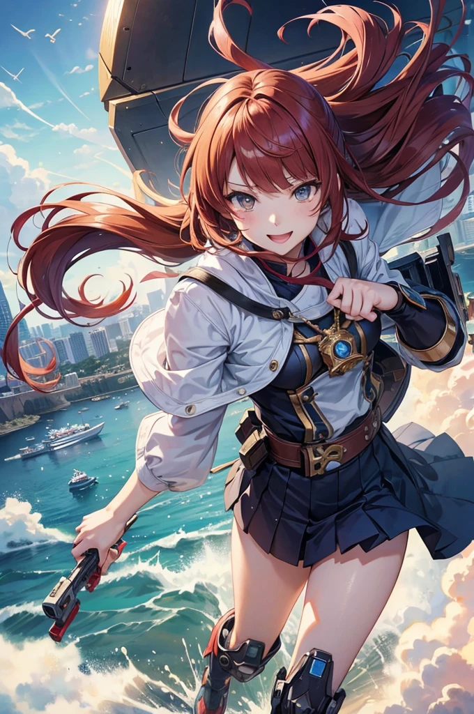 an anime girl, masterpiece, 4K,detailed, best quality, no bad anatomy and fingers, dynamic pose, Action Painting, a beautiful young cyborg girl, smile, taking off into the sky, blunt bangs, super detailed skin, FINAL FANTASY 12, Brave Command Dagwon, make-up, mechanical wings, the city of Monaco, Ryu Fujisaki, hot air balloon