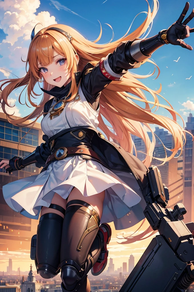 an anime girl, masterpiece, 4K,detailed, best quality, no bad anatomy and fingers, dynamic pose, Action Painting, a beautiful young cyborg girl, smile, taking off into the sky, blunt bangs, super detailed skin, FINAL FANTASY 12, Brave Command Dagwon, make-up, mechanical wings, the city of Monaco, Ryu Fujisaki, hot air balloon
