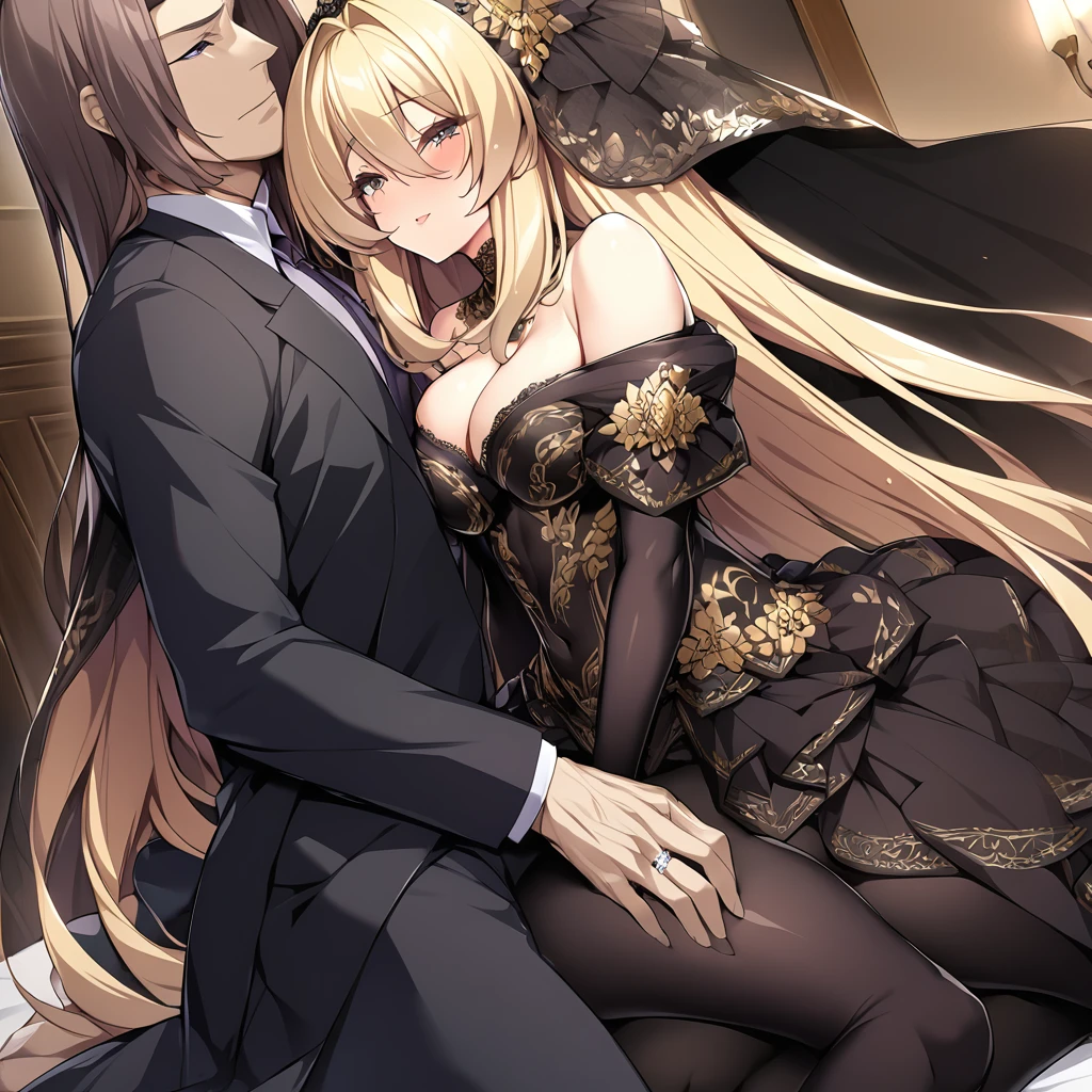 ((Highest quality)), ((masterpiece)), (detailed), （Perfect Face）、The woman is an Extia with medium-long brown hair, wearing a gorgeous black wedding dress with gold embroidery and trim, a black wedding veil, and an engagement ring.、The man is the evil leader, Naioro, a handsome man with medium-long blonde hair and a black bodysuit.、On a luxurious bed, the brunette woman, Extia, straddles the handsome blonde man, Naioro, and they happily have sex and make love deeply.、A man and a woman are a deeply loving couple