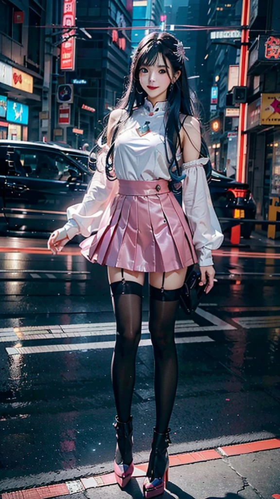 Beautiful Iron Man,Angelic countenance,Full body portrait,the long flowing blue hair,big eyes,Flashing pupils,shy,Blush,Smile,Delicate depiction of the face,Wearing a pink skirt with Black pantyhose,Wearing high heels,Cyberpunk,Night,Hyperrealism,Neon Street,Ray Tracing,masterpiece,Pixel Perfect,make a fist,Delicate hand engraving,Light and Shadow,Sweat,Finely drawn Model: Day Man 2, Hires upscale: 1.5