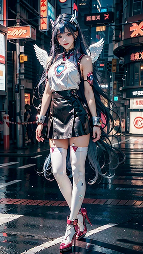 Beautiful Iron Man,Angelic countenance,Full body portrait,the long flowing blue hair,big eyes,Flashing pupils,shy,Blush,Smile,Delicate depiction of the face,Wearing a pink skirt with Black pantyhose,Wearing high heels,Cyberpunk,Night,Hyperrealism,Neon Street,Ray Tracing,masterpiece,Pixel Perfect,make a fist,Delicate hand engraving,Light and Shadow,Sweat,Finely drawn Model: Day Man 2, Hires upscale: 1.5