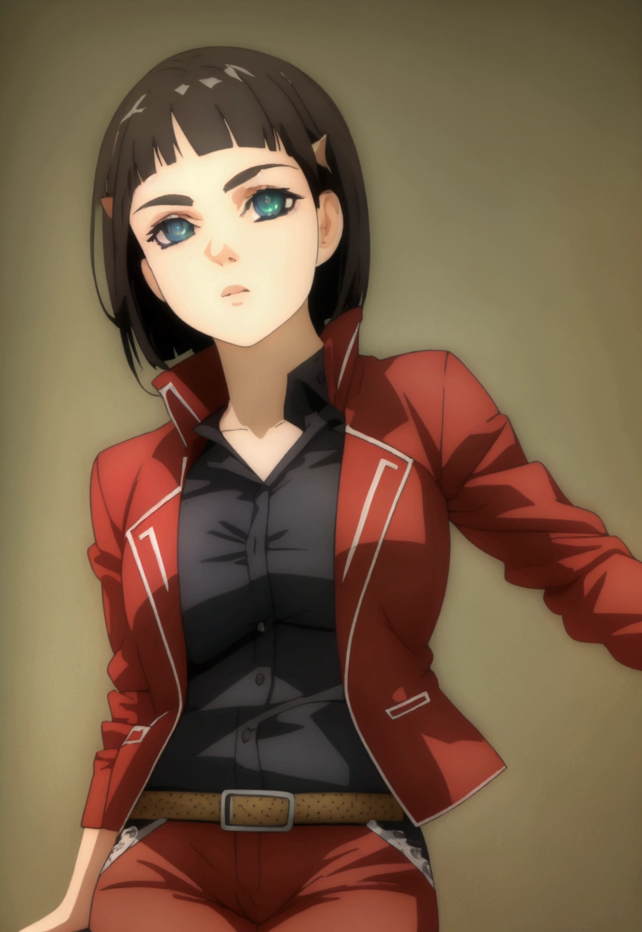 sexual harassment, Kirigaya Suguha, short hair, black fur, hair ornament, Hair clip, (green eyes:1.3),
jacket ROMPER, Bermuda, short Bermuda, blue Bermuda, sport jacket, dolphin Bermuda, gym Bermuda, (Red jacket:1.2), shirt, (black shirt:1.2),
REST outdoors, nature, forest, sun, sky,
REST looking at the viewer, (cowboy shot:1.5),
BREAK (Masterpiece:1.2), Best Quality, alta resunución, unity wallpaper 8k, (illustration:0.8), (Beautiful detailed eyes:1.6), extremely detailed face, perfect lighting, Extremely detailed CG, (perfect hands, perfect anatomy),