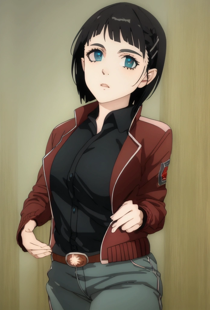 sexual harassment, Kirigaya Suguha, short hair, black fur, hair ornament, Hair clip, (green eyes:1.3),
jacket ROMPER, Bermuda, short Bermuda, blue Bermuda, sport jacket, dolphin Bermuda, gym Bermuda, (Red jacket:1.2), shirt, (black shirt:1.2),
REST outdoors, nature, forest, sun, sky,
REST looking at the viewer, (cowboy shot:1.5),
BREAK (Masterpiece:1.2), Best Quality, alta resunución, unity wallpaper 8k, (illustration:0.8), (Beautiful detailed eyes:1.6), extremely detailed face, perfect lighting, Extremely detailed CG, (perfect hands, perfect anatomy),