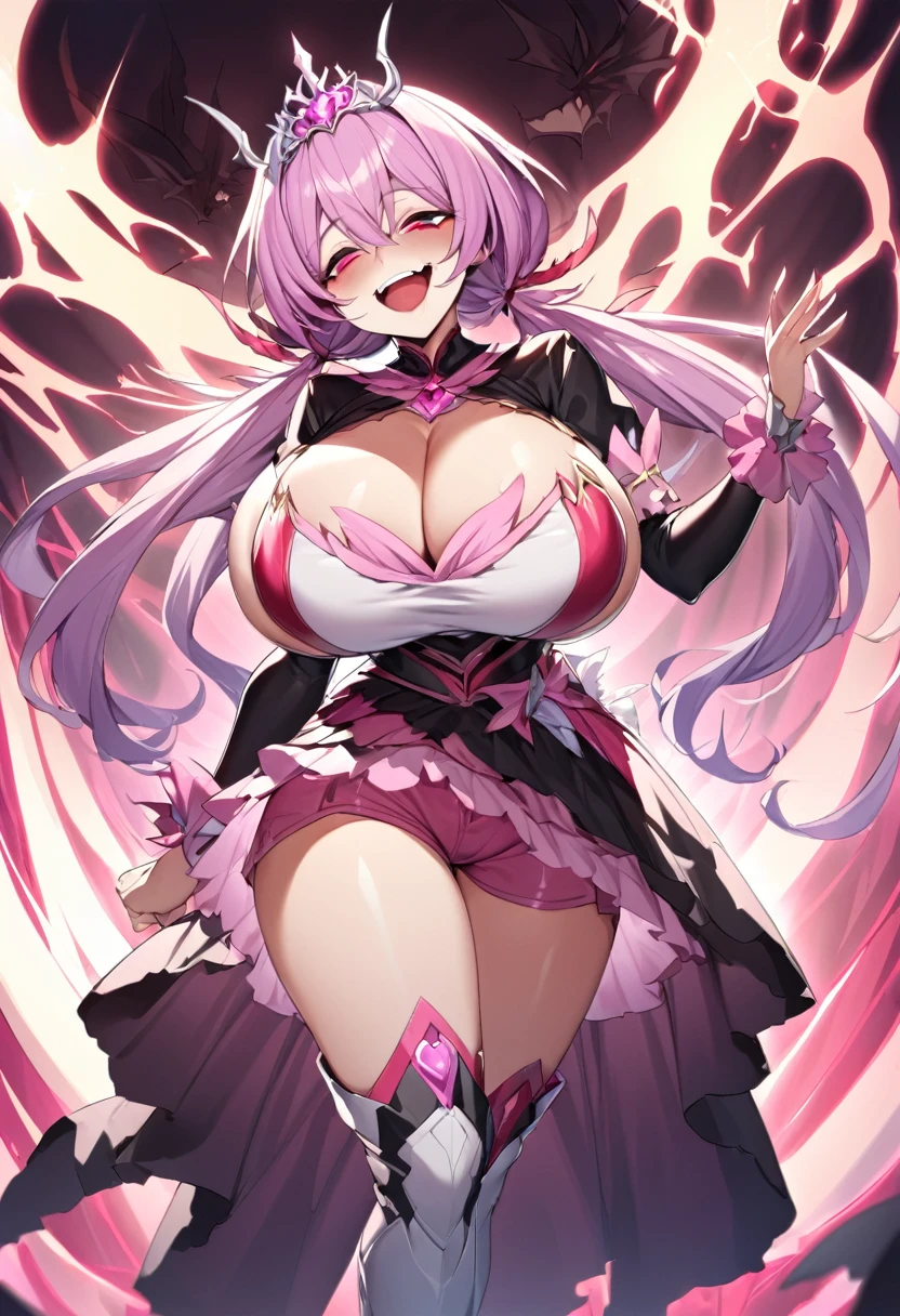 Cure happiness, Low Twintails, Feather hair ornament, skirt, tiara, Wrist cuff, Pink shorts, shorts under skirt, boots, corruption, Hollow Eyes, Half closed eyes, Wicked Smile, There are no students, Crazy Smile, Open your mouth, 1 Girl, Mature Woman, Married women, Dark Magical Girl、Large Breasts(Huge breasts:1.8)