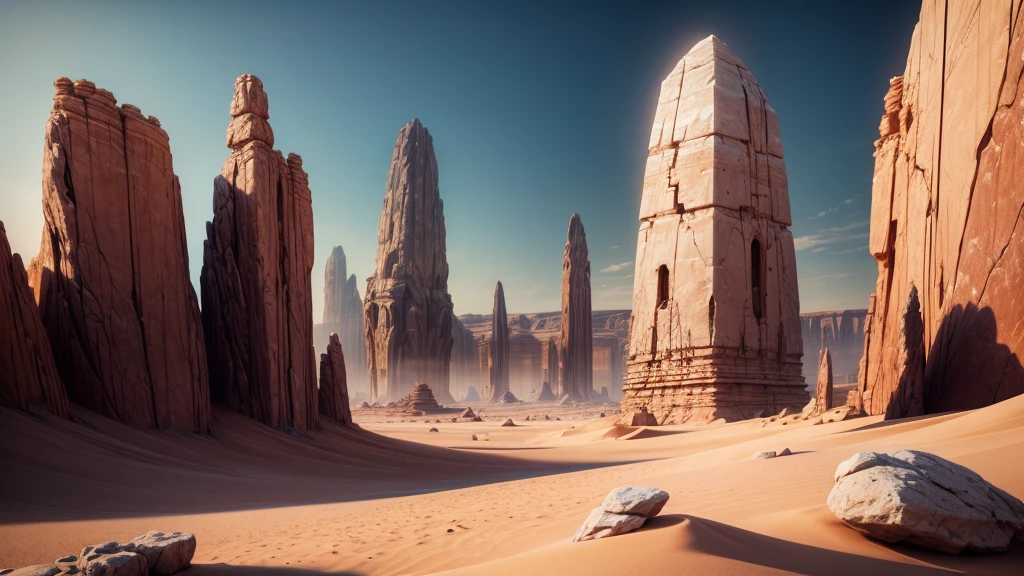 desertscape, few trees, big rocks, distant stone obelisk, atmospheric, 8K DETAILS, high resolution, great levels of detail