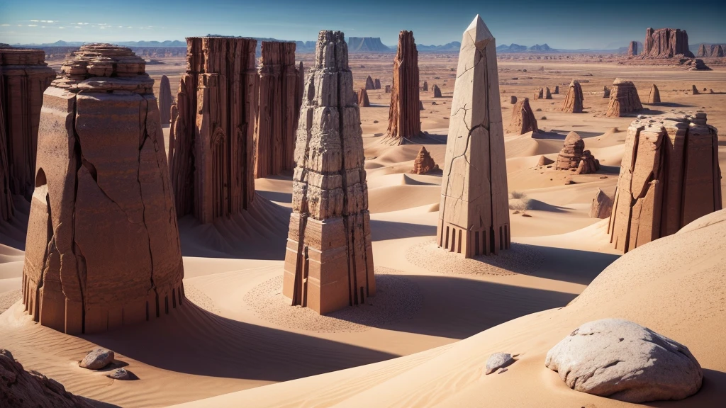 desertscape, few trees, big rocks, distant stone obelisk, atmospheric, 8K DETAILS, high resolution, great levels of detail