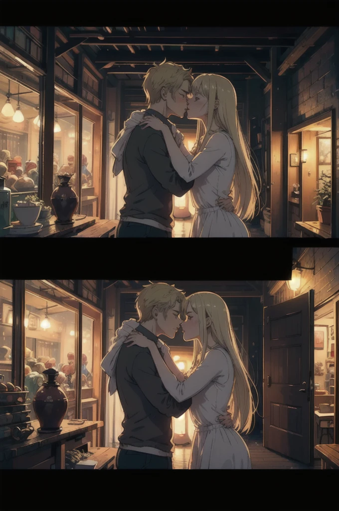 ((best quality)), ((masterpiece)), (detailed), one girl with long blond hair kiss one muscle blond guy, view from side on scene, passionate kiss, cozy atmosphere, cozy lighting, standing poses
