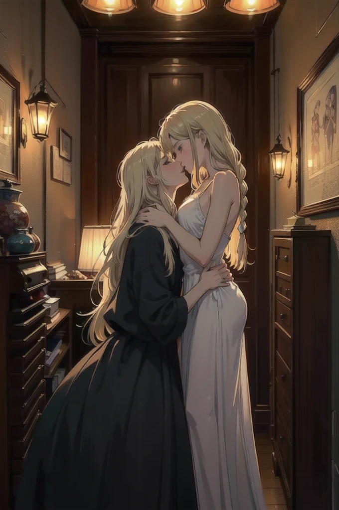 ((best quality)), ((masterpiece)), (detailed), one girl with long blond hair kiss one muscle blond guy, view from side on scene, passionate kiss, cozy atmosphere, cozy lighting, standing poses