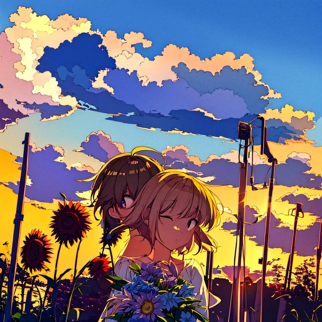Girl with a bouquet Modern Cumulonimbus Summer Flower shop Sunset Plain background Simple