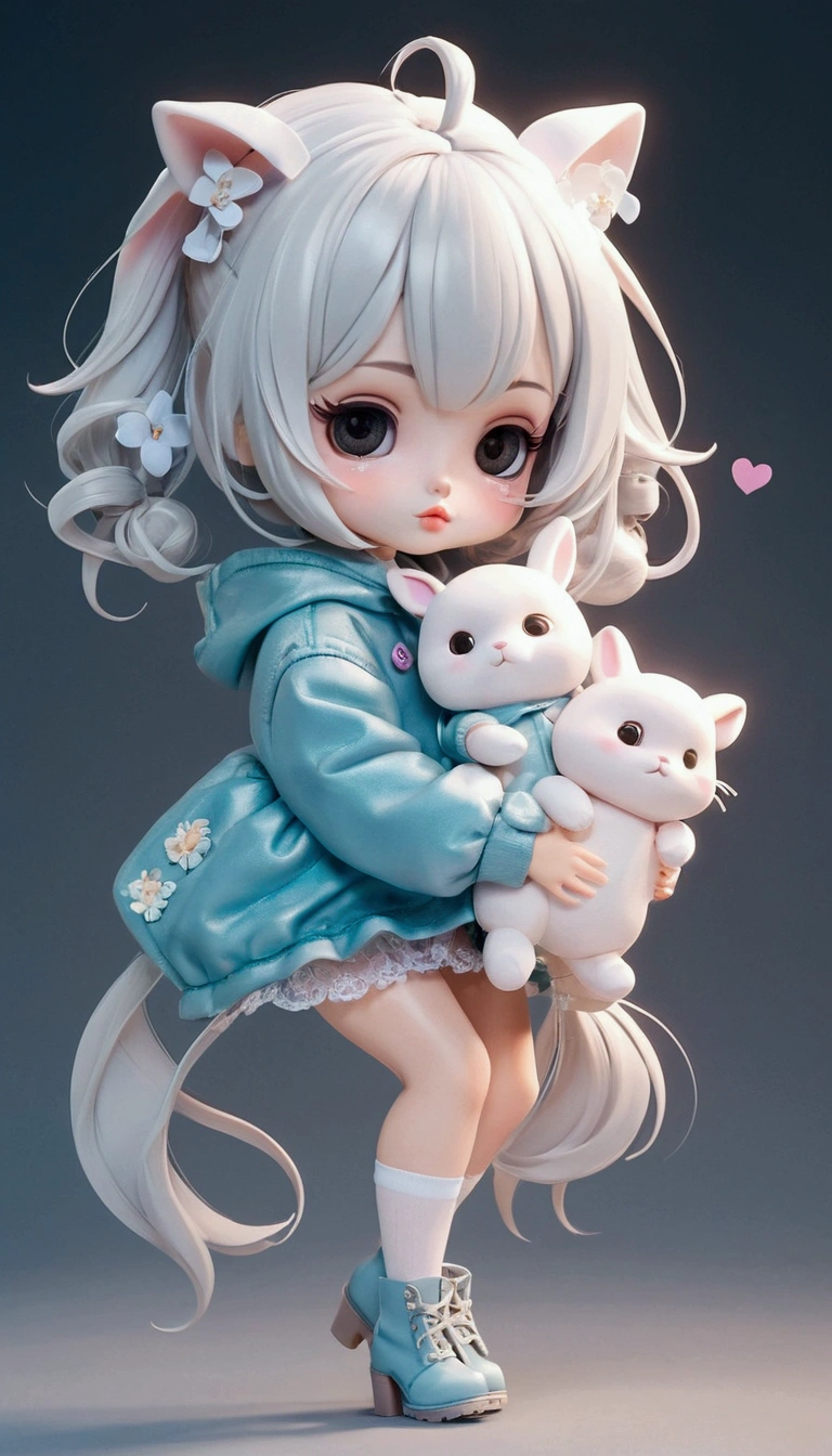 Female cartoons, chibi, characters, proportions, hourglass figure, full body, small waist, beautiful face, cute face, unique face, eyelashes, penis lips, boots, Blythe doll, Bunny Girl outfit, Bunny Girl, waist-length hair, bangs, standing straight-faced