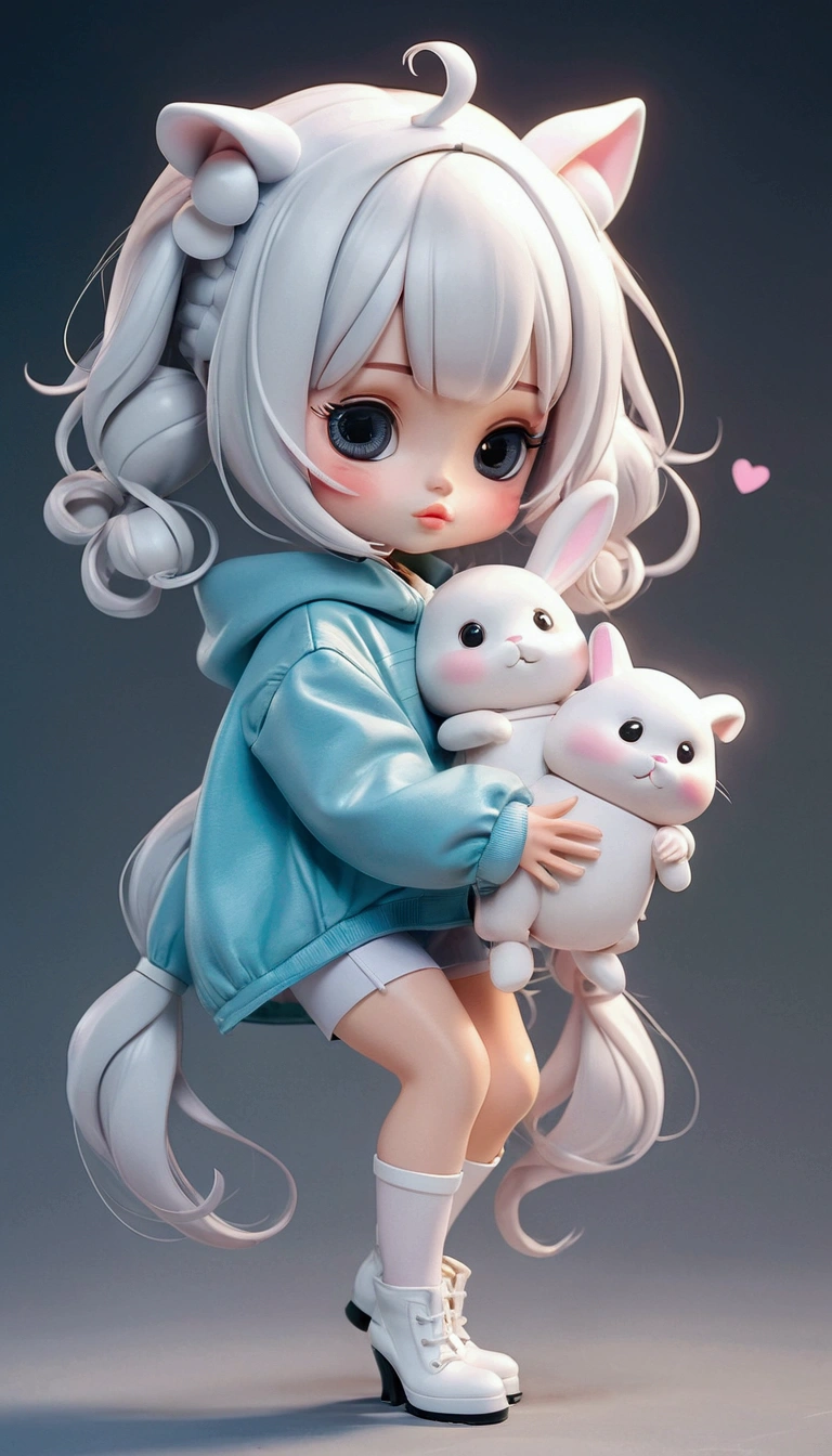 Female cartoons, chibi,  characters, proportions, hourglass figure, full body, small waist, beautiful face, cute face, unique face, eyelashes, penis lips, boots, Blythe doll,  Bunny Girl outfit, Bunny Girl, waist-length hair, bangs, standing straight-faced