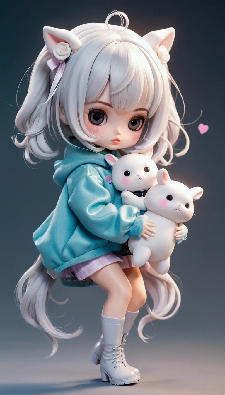 Female cartoons, chibi,  characters, proportions, hourglass figure, full body, small waist, beautiful face, cute face, unique face, eyelashes, penis lips, boots, Blythe doll,  Bunny Girl outfit, Bunny Girl, waist-length hair, bangs, standing straight-faced