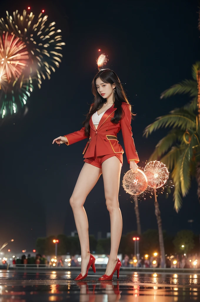(((best quality))),(((ultra detailed))),(((masterpiece))),illustration, ((Olympic Opening Ceremony,in Paris,summer night,magnificent National stadium of France,Olympic flame, fireworks)),(crowded crowds of enthusiastic spectators:1.3),((a beautiful Chinese girl,solo)),((shoulder length straight hair:1.2)),((slim,thin)),((small breasts,flat chest)),(red blazer:1.5),(yellow dress:1.2),(slender legs:1.2),(loafers:1.2),excited expression, awe, celebrating, electric atmosphere, sense of pride, excitement, playing field, crowd energy, unity, camaraderie, representing China, historic event, memorable moment,((from front,full body))