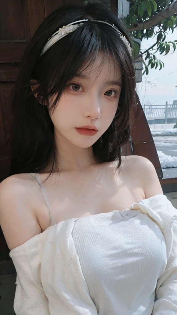 Portrait photography,1 girl,Off Shoulder,Snow Scene,Snowing background,Off Shoulder蝴蝶印花连衣裙女夏季性感辣妹收腰修身包臀裙子,Flowers,White,whole body:1.4,Lipstick,(Big Breasts:1.6),Headband,serene,calm,(Realistic and detailed eyes,Natural skin texture,Realistic facial details),
