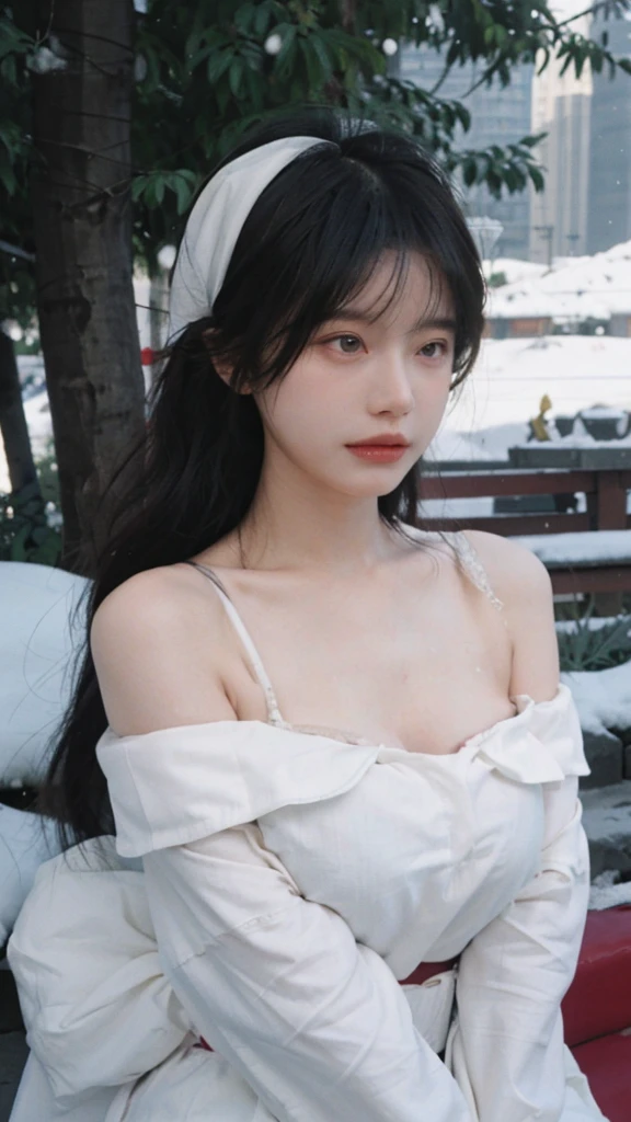 Portrait photography,1 girl,Off Shoulder,Snow Scene,Snowing background,Off Shoulder蝴蝶印花连衣裙女夏季性感辣妹收腰修身包臀裙子,Flowers,White,whole body:1.4,Lipstick,(Big Breasts:1.6),Headband,serene,calm,(Realistic and detailed eyes,Natural skin texture,Realistic facial details),