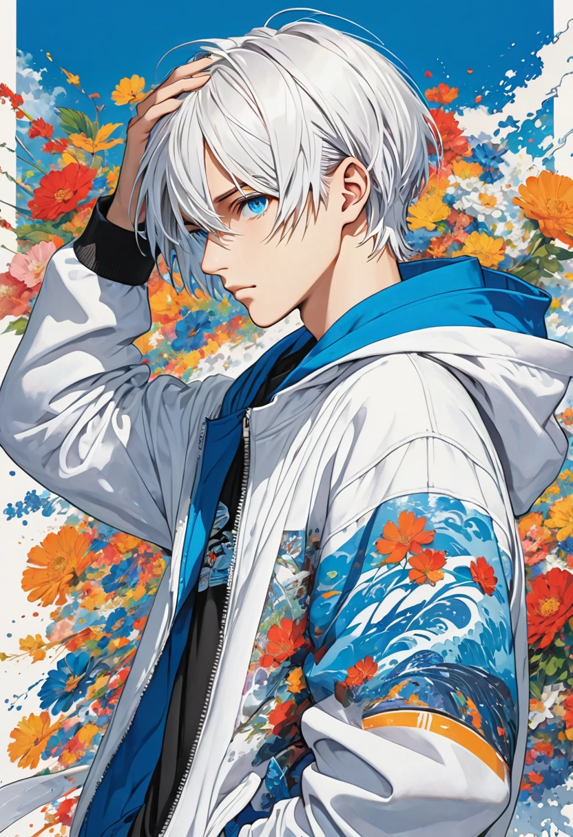 1 boy, solo, a young man, simple color, ((wearing a zip up hoodie)), white hair, a cool boy, blue eyes, bob cut, (((cover one's head with a cloth)))