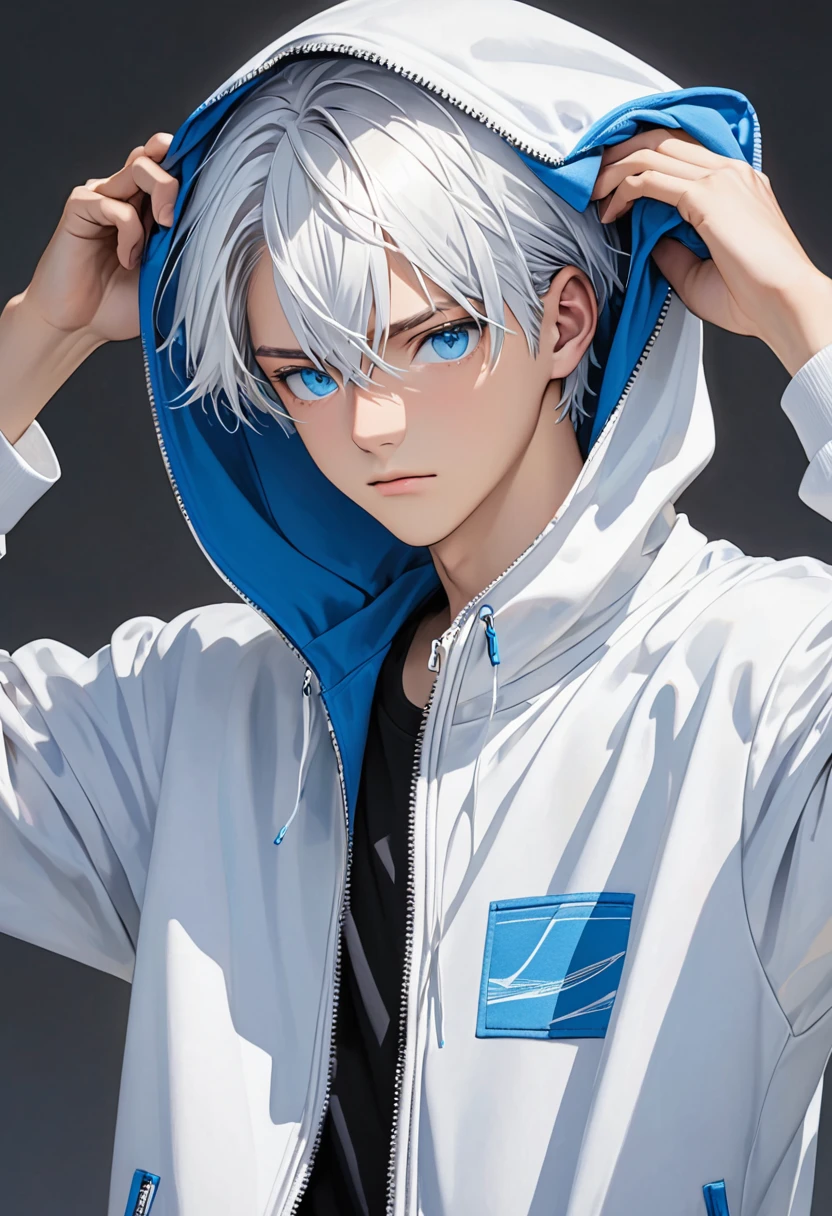 1 boy, solo, a young man, simple color, ((wearing a zip up hoodie)), white hair, a cool boy, blue eyes, bob cut, (((cover one's head with a cloth)))