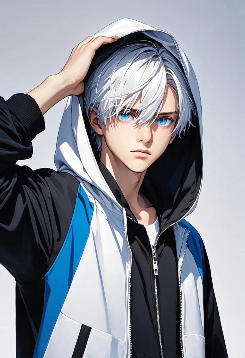 1 boy, solo, a young man, simple color, ((wearing a zip up hoodie)), white hair, a cool boy, blue eyes, bob cut, (((cover one's head with a cloth)))