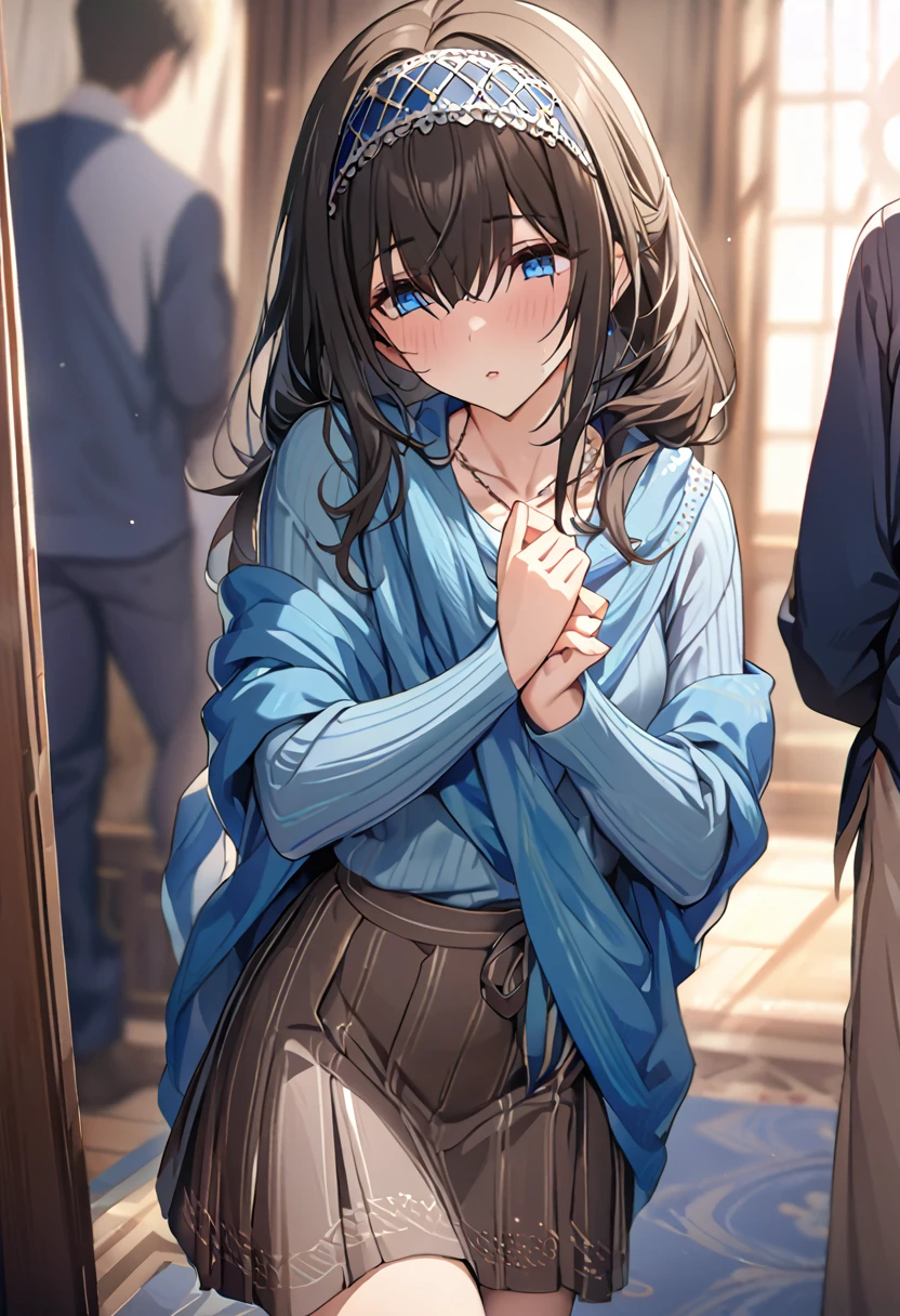 sgswfmk, long hair, brown hair, black hair, bangs, hair between eyes, blue eyes, hairband, necklace, blue sweater, blue shawl, brown skirt, masterpiece, best quality, high resolution, high details
