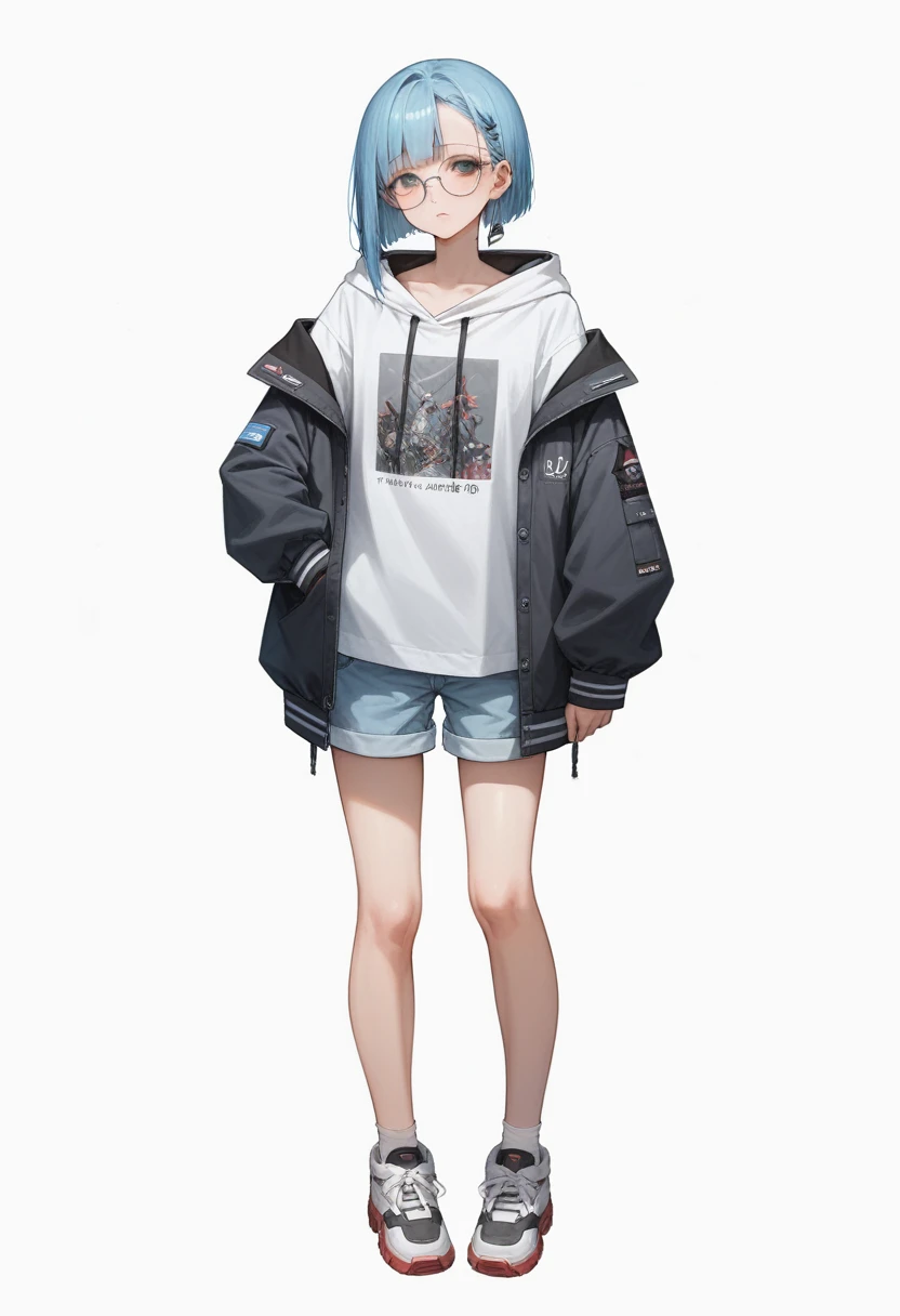 anime girl with blue hair and glasses in a white shirt and black jacket, guweiz, artwork in the style of guweiz, she is wearing streetwear, ross tran style, kantai collection style, street clothes, full body illustration, full body portrait of a short!, anime full body illustration, clothing concept, clear outfit design, cyberpunk anime girl in hoodie
