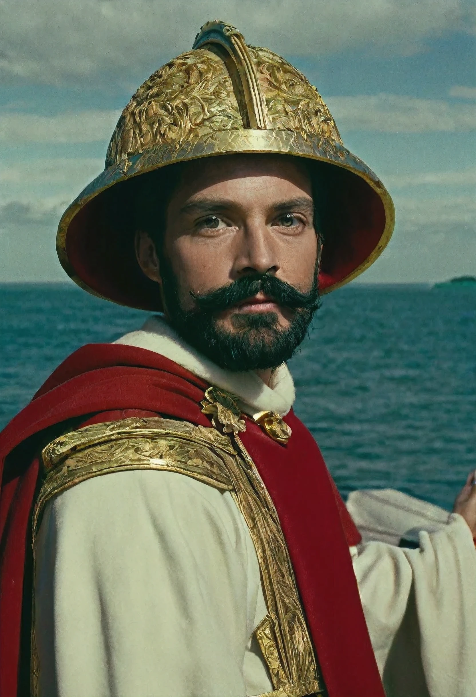 a portrait of a man with a beard and mustache is captured in a close-up, eye-level shot. he's dressed in a red cloak, a helmet, and a white sash around his neck. his right arm is bent at the elbow, while his left arm is extended towards the viewer. his face is adorned with a halo of gold, and he's holding a scroll in his right hand. the backdrop features a body of water, with a boat docked in the distance. the sky above is a canvas of gray, with a few wispy clouds