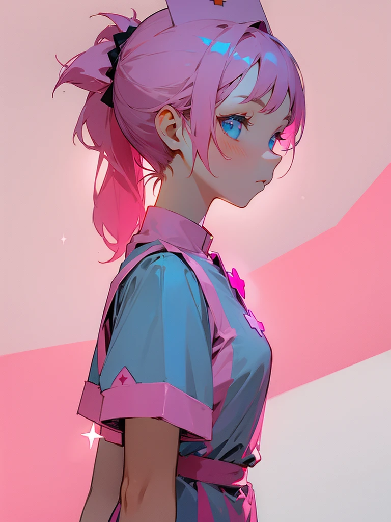 Nurse sister, star-colored shirt, pink hair, calm face, ponytail, cute.