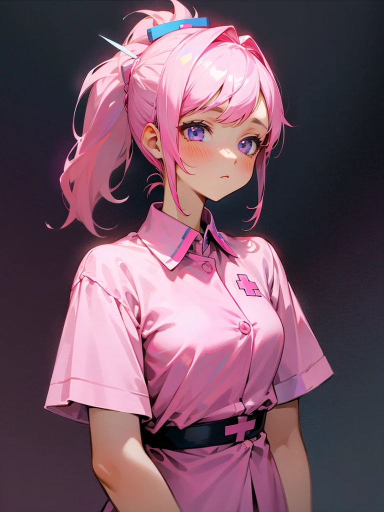 Nurse sister, star-colored shirt, pink hair, calm face, ponytail, cute.