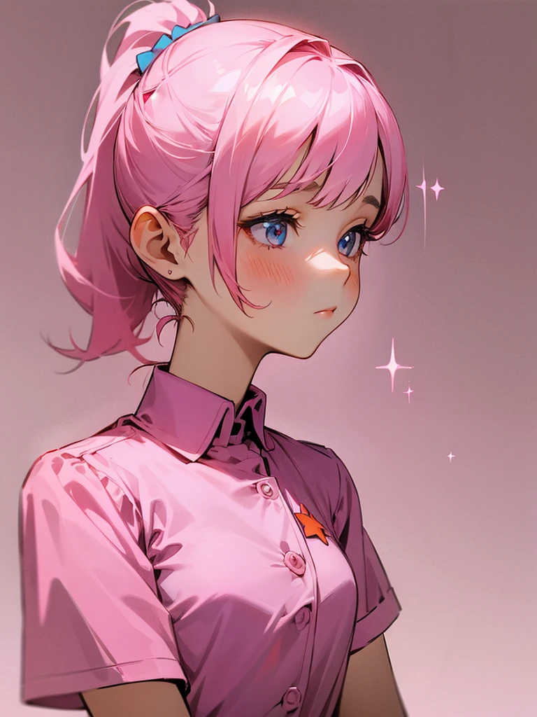 Nurse sister, star-colored shirt, pink hair, calm face, ponytail, cute.