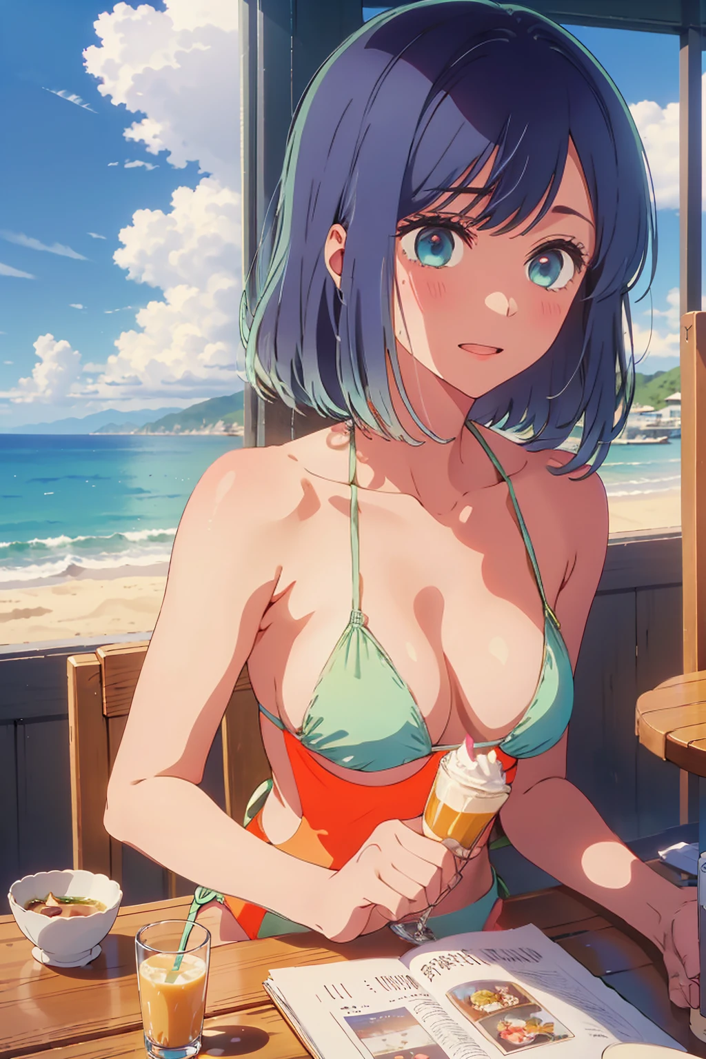 (Highest quality:1.4、masterpiece:1.uper detailed:1.4、8k:1.4)、((((1 person、Surprised expression、sit、Cafe Terrace、coastal、juice、table、Sandy Beach、juiceのグラスを持つ、Micro Bikini、Very soft 、Big eyes、Very cute face))))、F cup bust、Medium brederboob