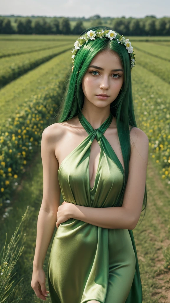 a girl. the face sends feeling. Europe. Oval face. long face. delicate facial features. eyes are dull. seductively seductive. long straight hair. green hair. wreath on head. very sad expression. green silk halter dress. straight face. in the flower field